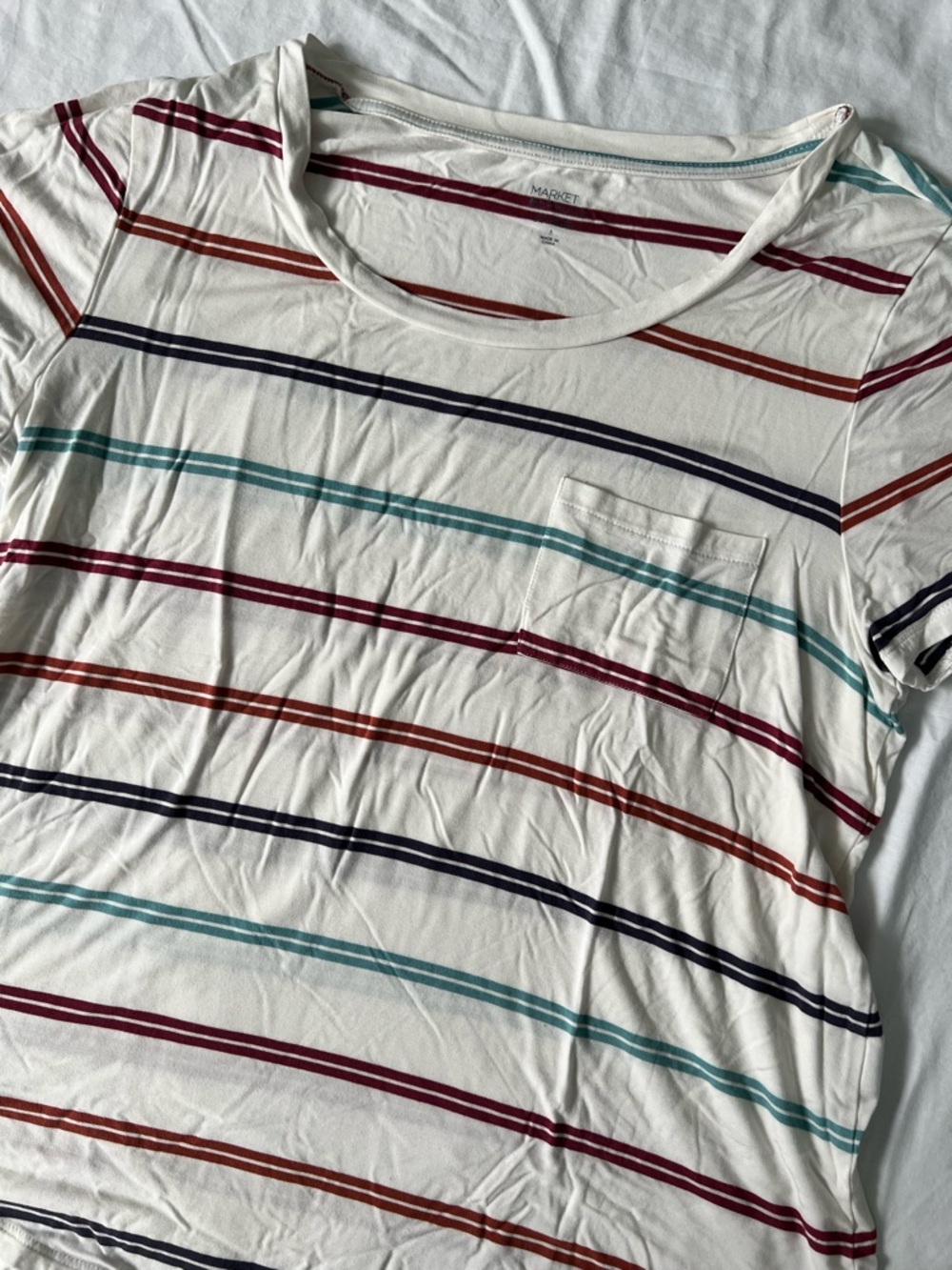 Market & Spruce White Short Sleeve Tee with Multicolor Stripes